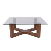 Mesa de Centro Merlot Color Nogal en Cubierta de cristal con  Estructura en chapa de Nogal Frente 100 cm Alto 40 cm Fondo 100 cm