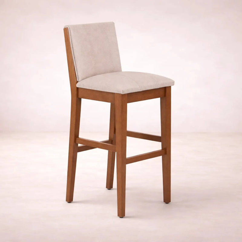 Banco Siena deurope.com.mx, banco para barra en madera de encino y okume, tapizado en cuero con acabado en beige, frente de 42 cm.