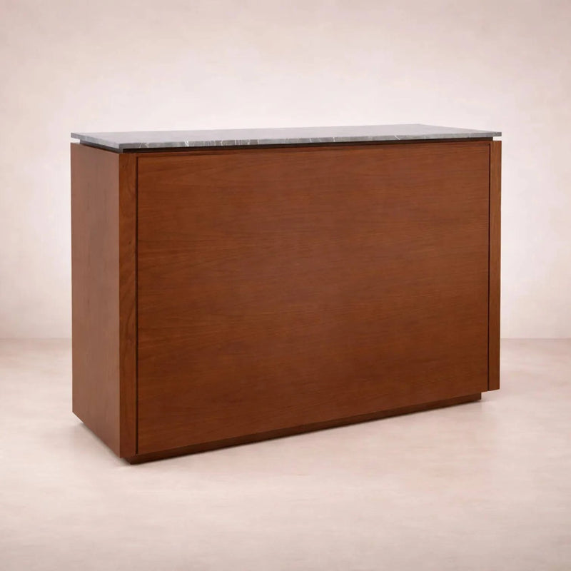 Barra de madera Nogal con cubierta de mármol, tipo Berne deurope.com.mx, frente y vista lateral, medidas 140x45x110 cm.