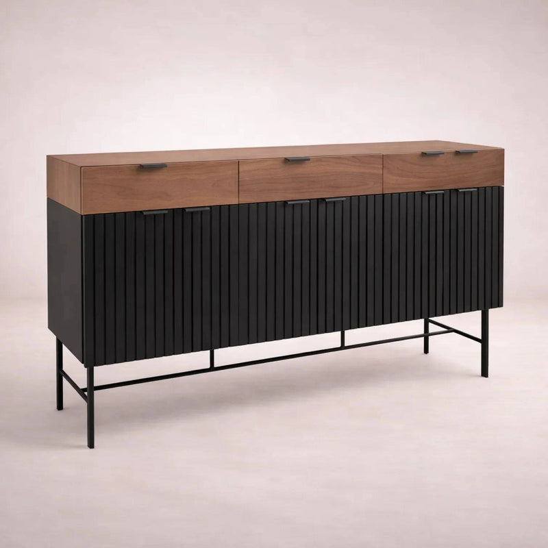 Juego de comedor Jess deurope.com.mx, buffet de nogal negro y madera de pino con 4 piezas, diseño industrial y moderno.