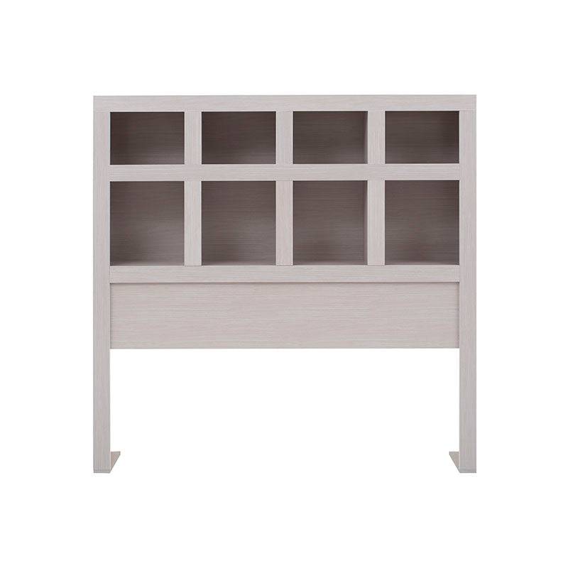 Cabecera Picasso de madera industrial gris claro con diseño moderno, mide 142 cm de ancho y 140 cm de alto.