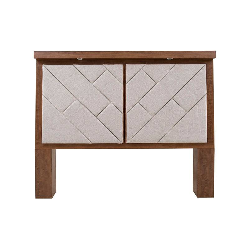 Cabecera de recámara Alejandria de madera industrializada en color nogal y tapiz en tela beige, con medidas de 200 cm de ancho.