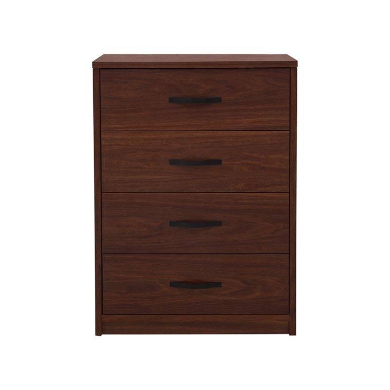 Cajonera Bourbon de madera de pino y tzalam en color café, con 4 cajones y dimensiones de 76x108x41 cm.