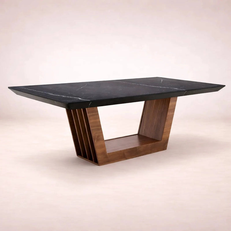 Juego de comedor Quetzal de 9 piezas en nogal negro con superficie de melamina estilo mármol y mesa de 220 cm de largo.