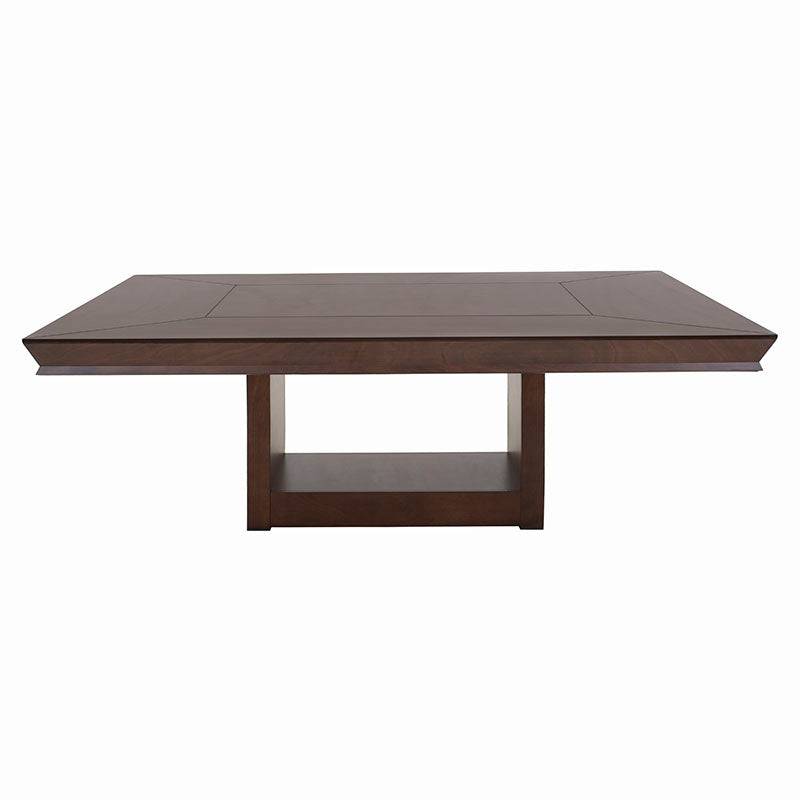 Juego de comedor Siena de 9 piezas en chapa de okumé con mesa de 210 cm de color tabaco, estilo moderno y elegante.