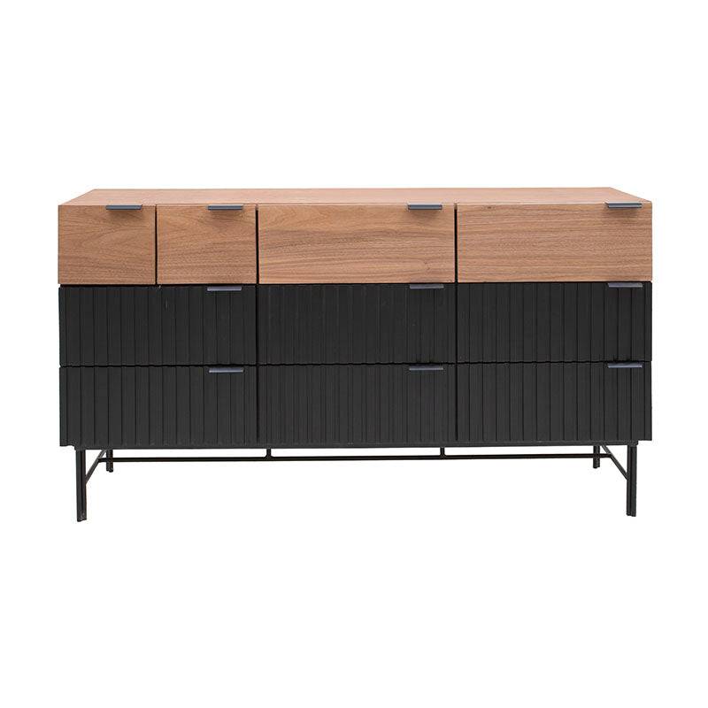 Cómoda Jess de madera de pino y chapa de nogal en acabado negro, con 140 cm de ancho, 80 cm de alto y 40 cm de fondo.