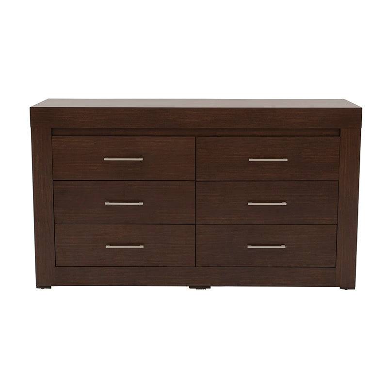Comoda de recámara Boston deurope.com.mx en madera nogal oscura con diseño industrial, frente de 160 cm, altura de 90 cm y fondo de 46 cm