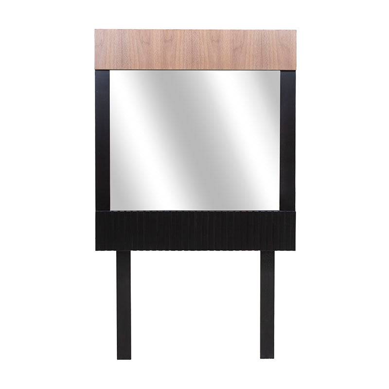 Espejo Jess de madera de pino con marco en nogal negro, superficie reflectante y dimensiones de 100x110 cm.