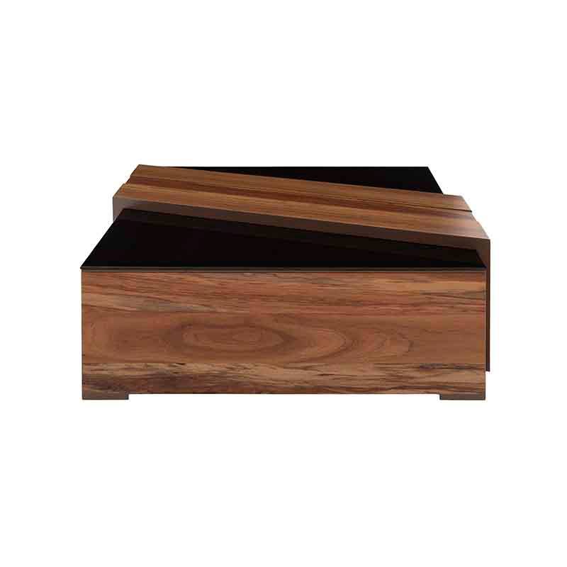 Mesa de centro Abudabi de Deurope en chapa de tzalam, color café claro y negro, con dimensiones de 85x28x85 cm.