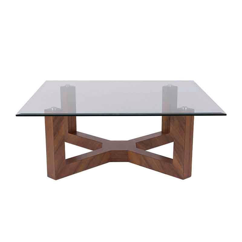 Mesa de centro Merlot de madera con tapa de cristal y estructura en chapa de nogal, 100x40x100 cm, diseño elegante.