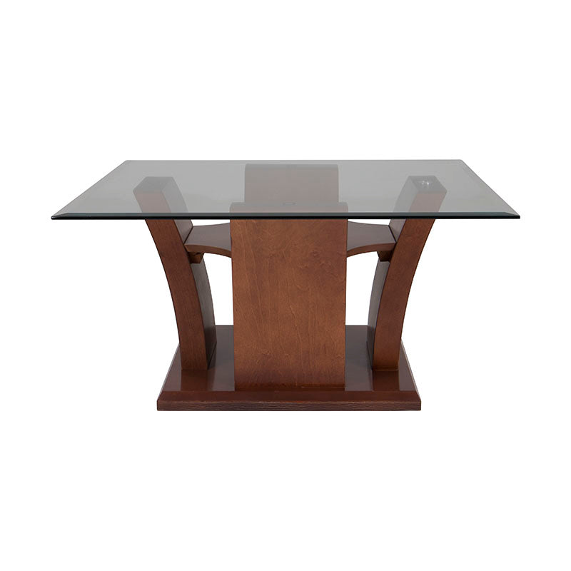 Mesa de centro Tulip de madera nogal con cubierta de cristal, dimensiones 90x45x90 cm, diseño moderno.