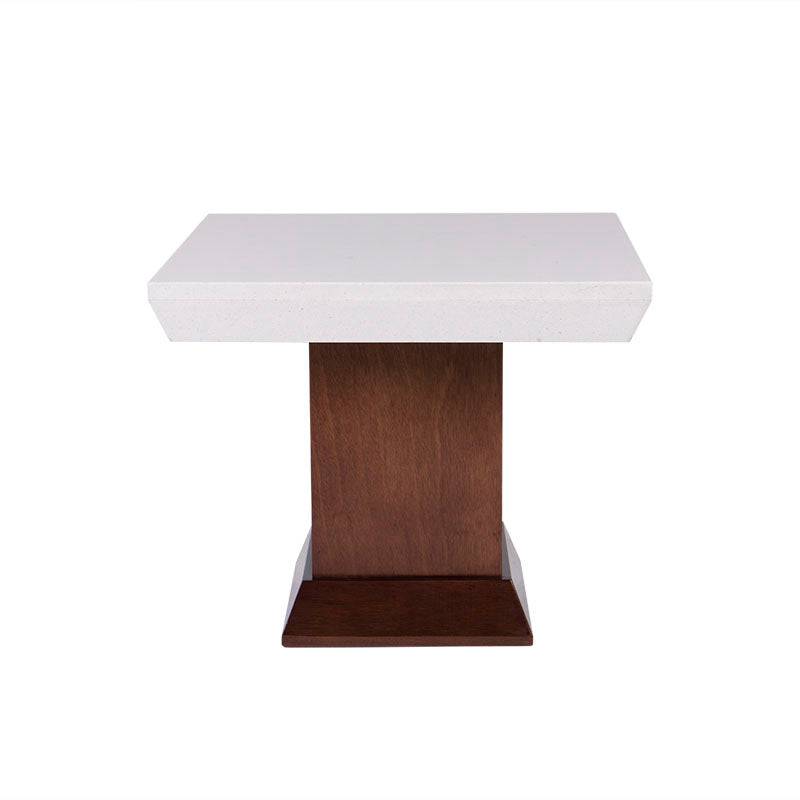 Mesa lateral Mond de Deurope en acabado tabaco con chapa de caoba y cubierta de mármol, tamaño 60x50x60 cm.