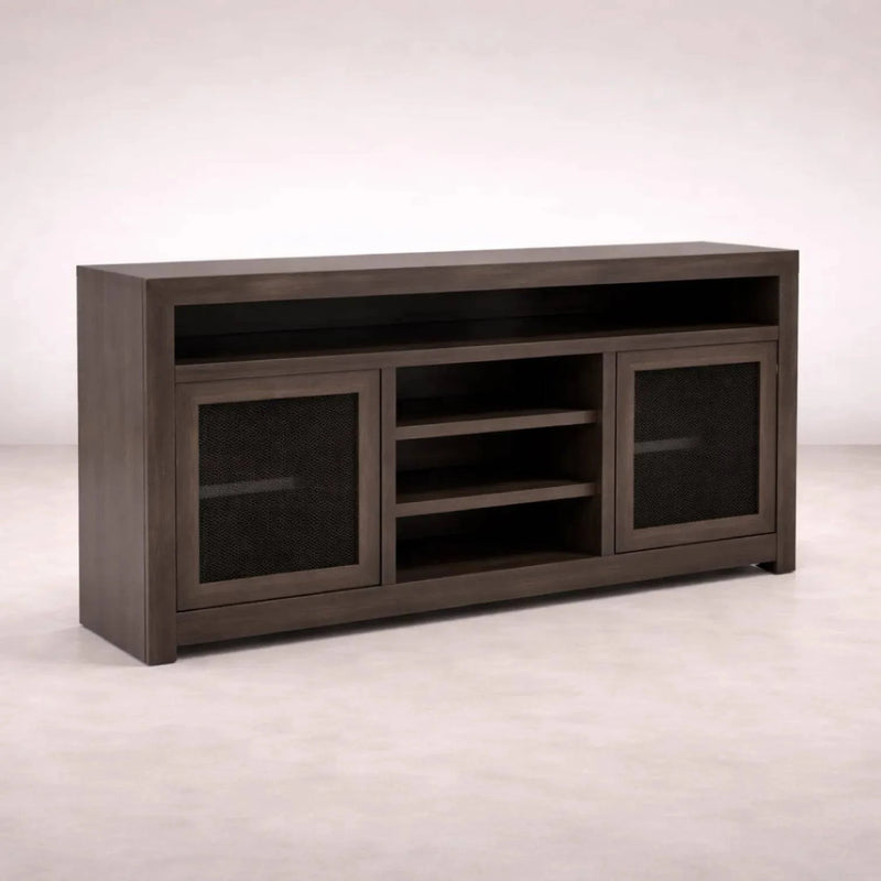 Mueble para TV Menara de madera industrializada con chapa de encino, 160 cm de ancho, 90 cm de alto y 40 cm de fondo.