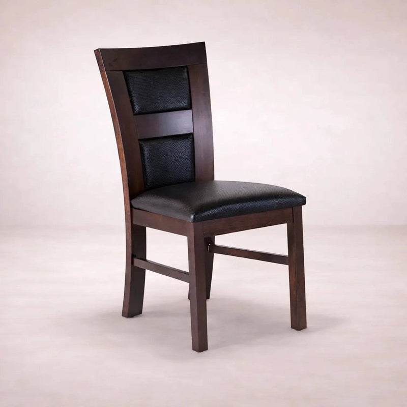 Juego de comedor Aragón de 8 piezas con sillas de madera nogal y estructura de color oscuro, sobre fondo claro.