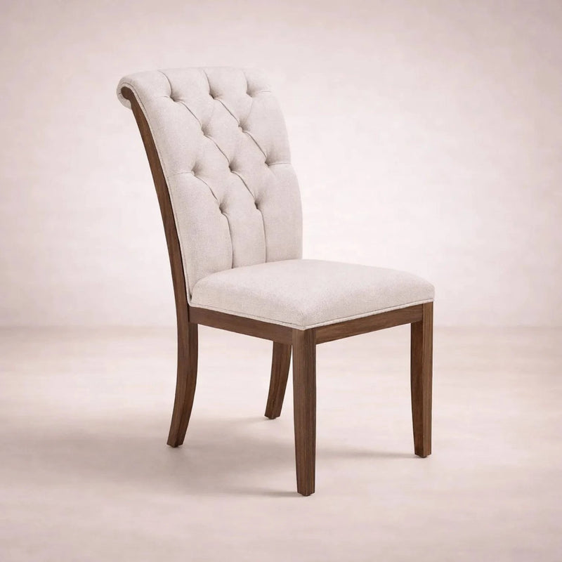 Silla de comedor Creta II de Deurope, tapizada en tela en color tabaco, vista frontal, medidas 55x105x70 cm.