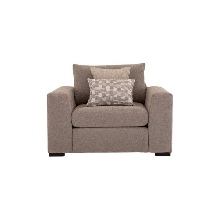 Sillón individual Oporto en juego de sala de tres piezas, tapizado en tela gris oscuro, cómodo y moderno.