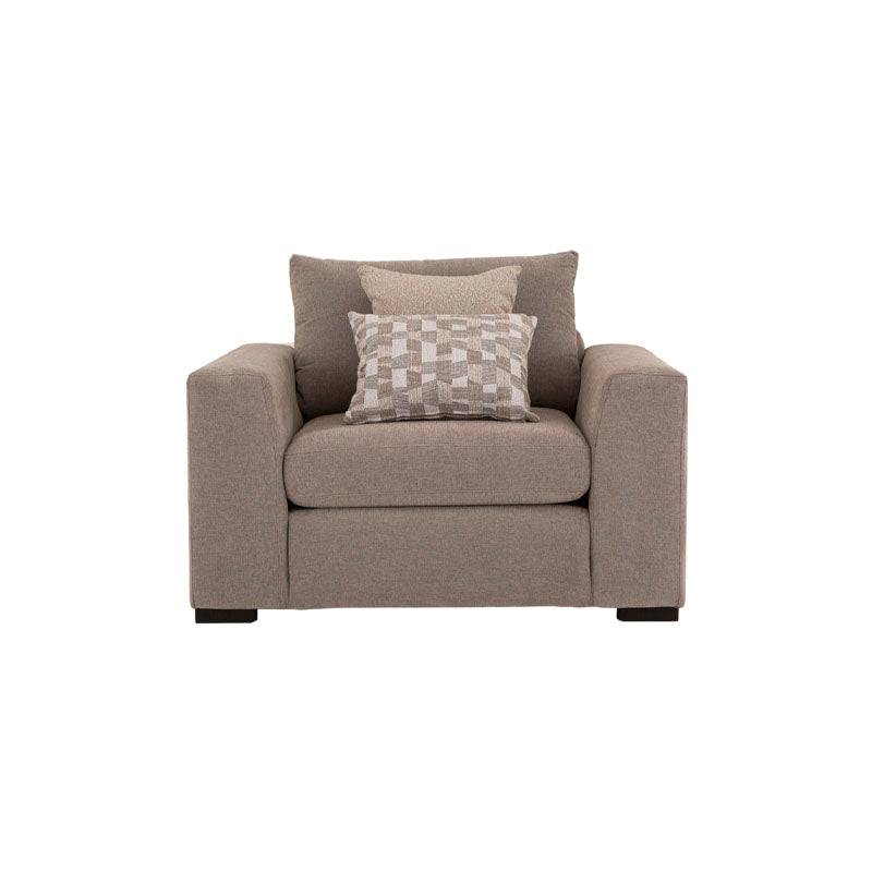 Sillón individual Oporto en juego de sala de tres piezas, tapizado en tela gris oscuro, cómodo y moderno.