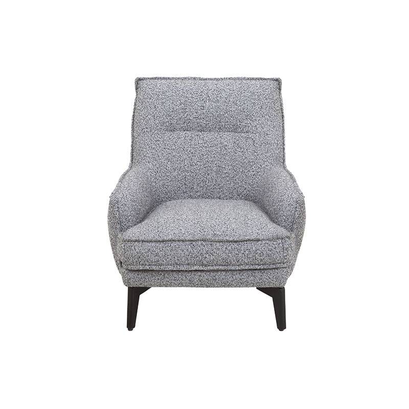 Sillón Andrea Berlin de tapiz gris con estructura moderna, vista frontal, tamaño compacto y estilo elegante.
