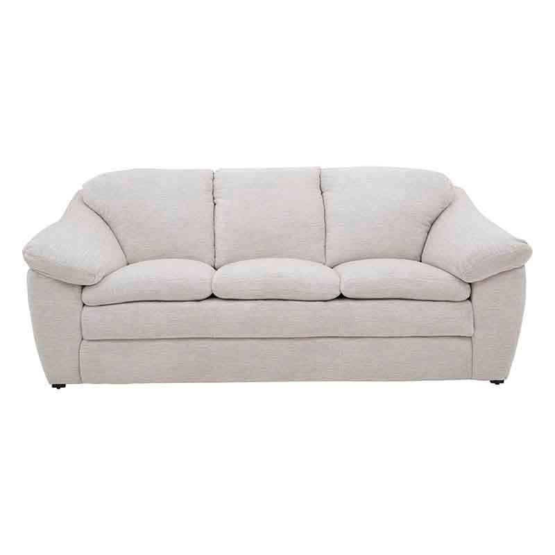 Sofá Chloe de color marfil con tela Money Snow, de 212 cm de ancho, 90 cm de alto y 96 cm de fondo, en un ambiente moderno.