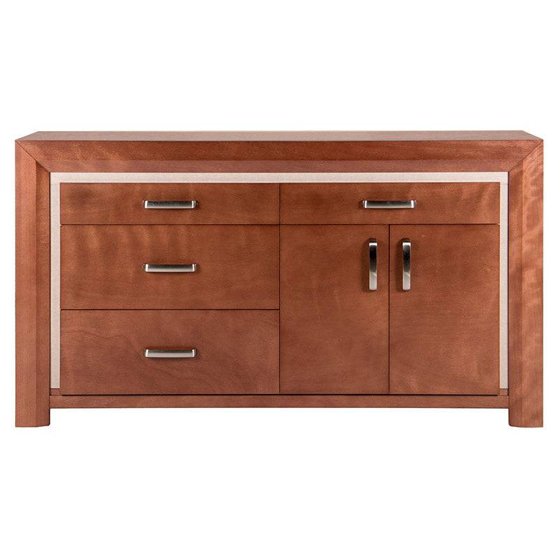 Comoda Siena de cinco piezas en madera de banana, encino y okumé con acabado cuero en color café almendra, diseño moderno.