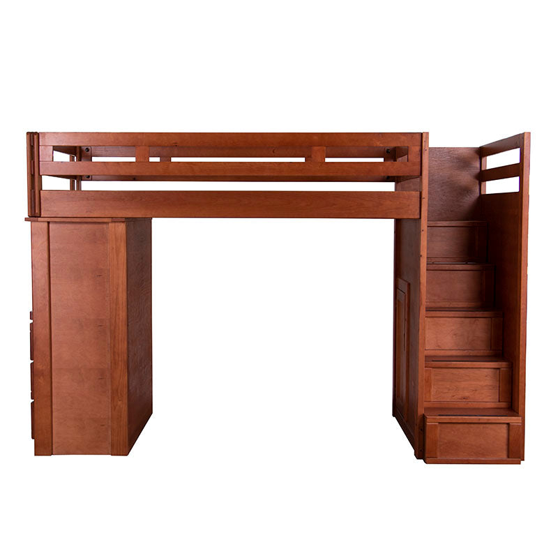 Cama alta Tennessee de madera de pino con estructura en nogal, medida 253 cm de frente, 124 cm de alto y 108 cm de fondo.