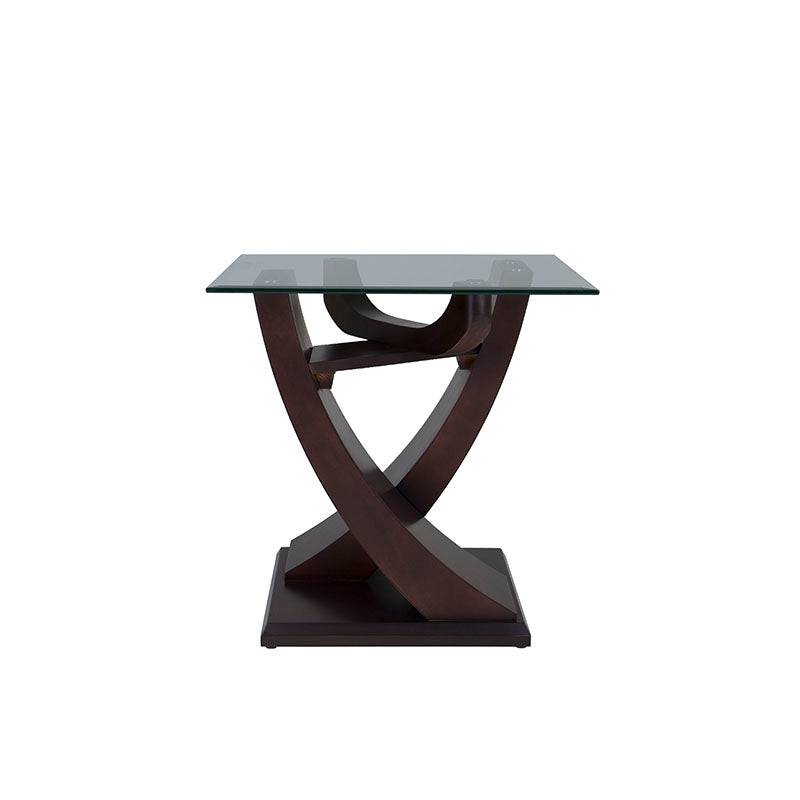 Mesa lateral Burj de madera Nogal con cubierta de cristal, tamaño 60x62x60 cm, estilo moderno y elegante.