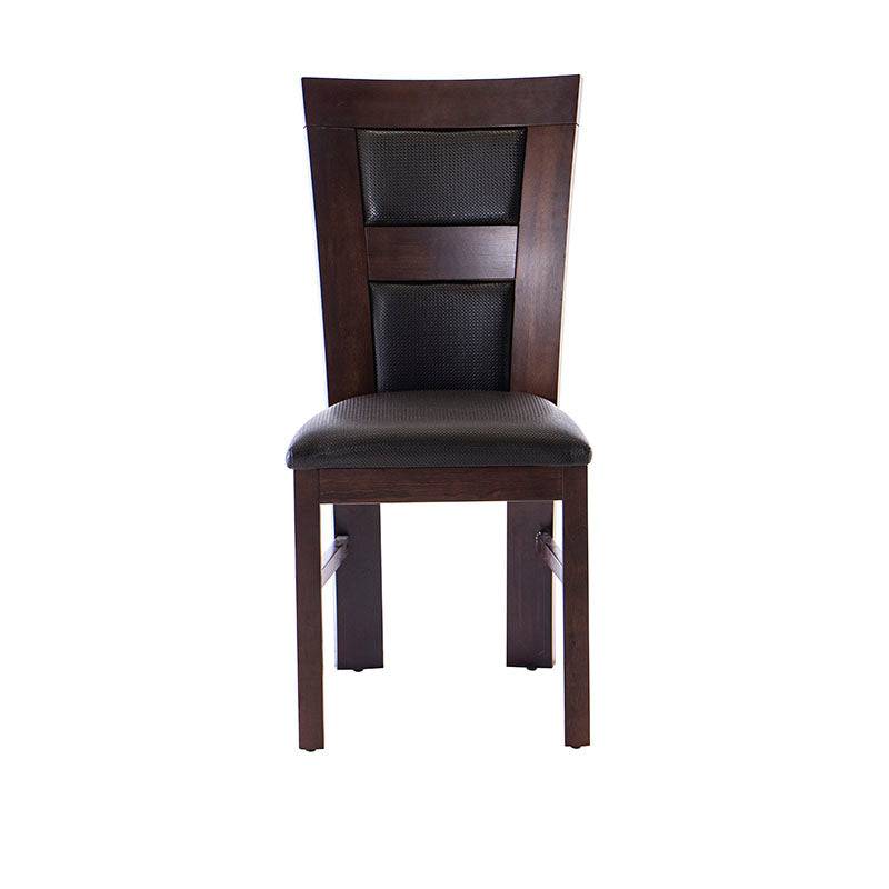 Juego de comedor Aragón de 8 piezas con sillas de madera nogal y asiento de hule, mostrando la estructura y acabado de las sillas.