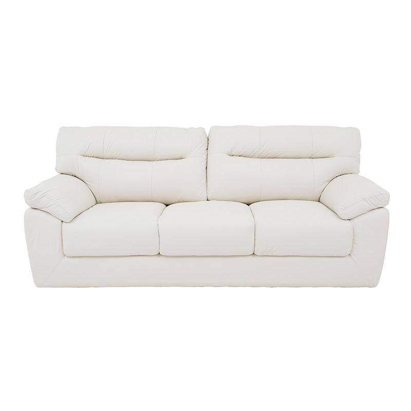 Sofá Portofino en cuero blanco, de lujo, con respaldo y asiento acolchados, de aproximadamente 225 cm de largo.