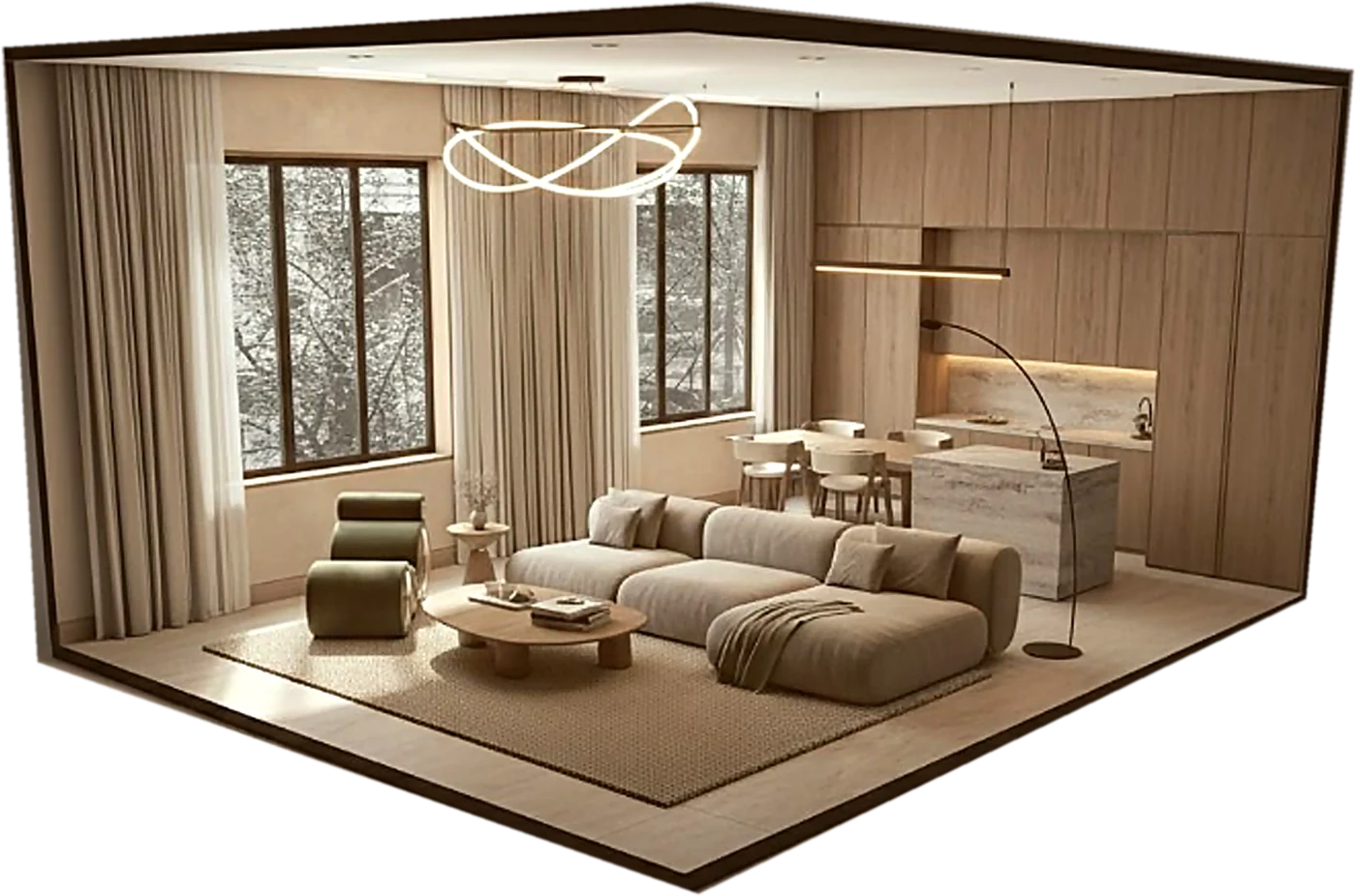 Sala con chaise, mesa de centro y tapete