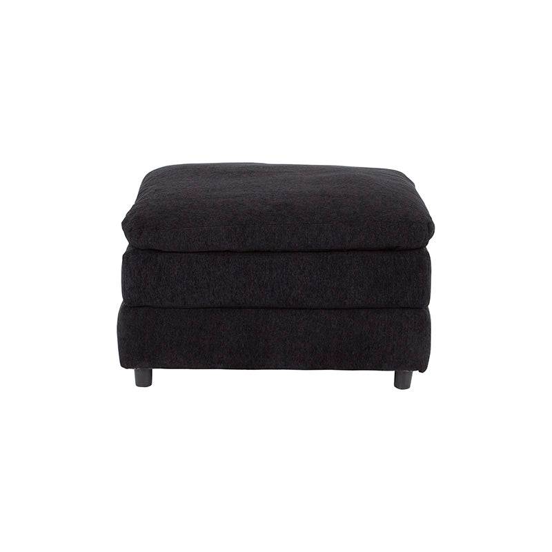 Otomán tapizado en tela negra de 82 cm por lado, usable como reposapiés, asiento extra o mesa de centro