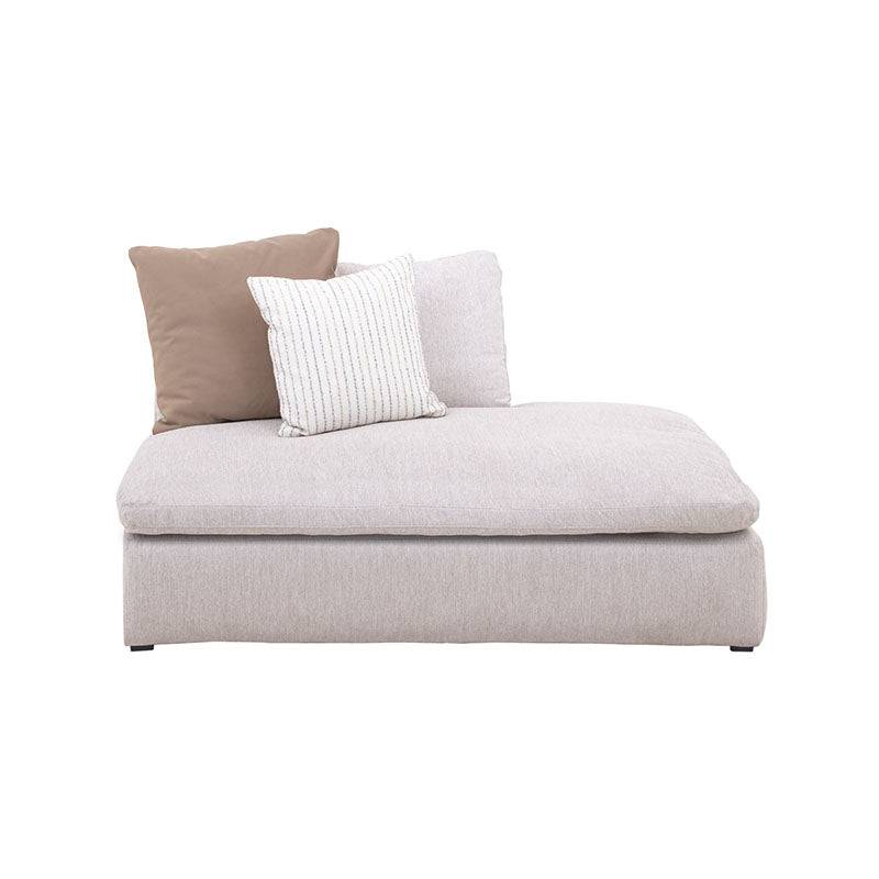 Sala nube modular en tela beige de textura suave, con asiento profundo de 103 cm y respaldo bajo