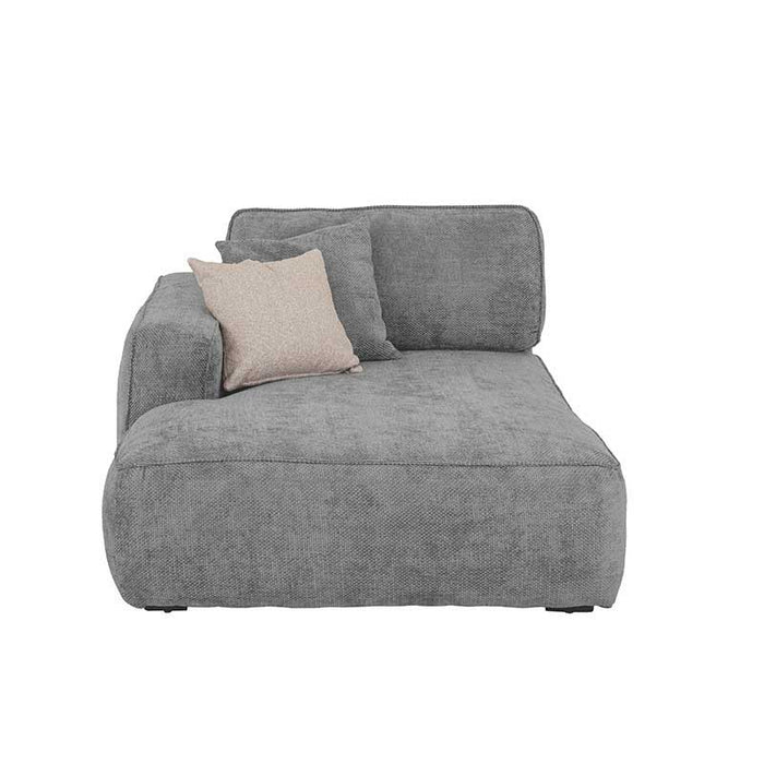 Modulo de sala Megan chaise izquierdo de Deurope, tapizado en tela gris con cojines y estructura moderna.