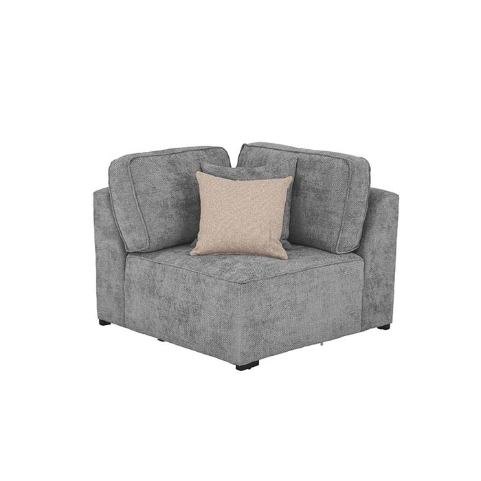 Módulo de sala esquinero Megan en color gris de deurope.com.mx, con cojines y estructura de madera moderna.