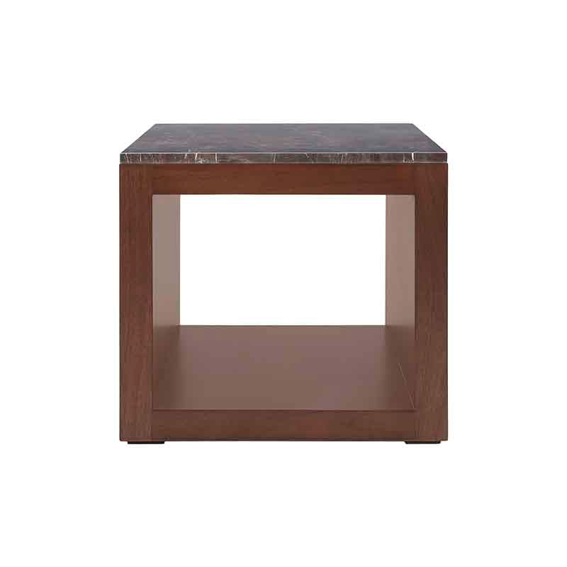 Mesa Lateral Berne Color Nogal / Gris en Chapa de nogal  con Cubierta de mármol Santo Tomas Frente 60 cm Alto 57 cm Fondo 60 cm 