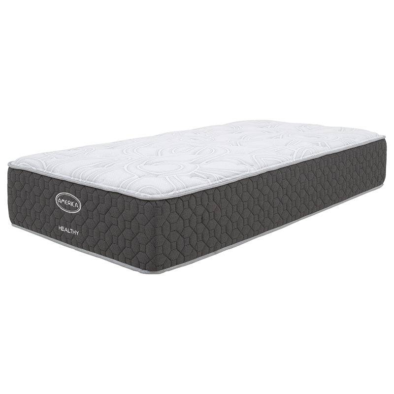 Colchón América Healthy de D’europe en tela de punto, vista frontal, 190 cm de largo, 29 cm de alto, colchonería.