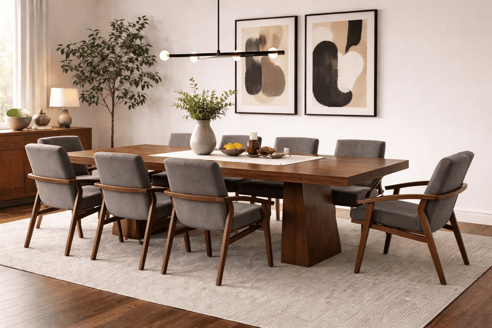 Sillas de comedor Quetzal deurope.com.mx en estilo industrial con estructura de madera oxford, tapizadas en tela color café.