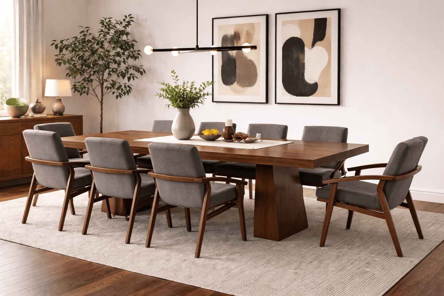 Sillas de comedor Quetzal de Deurope en tela tapizada color café y tabaco, con estructura de madera industrializada y diseño moderno.