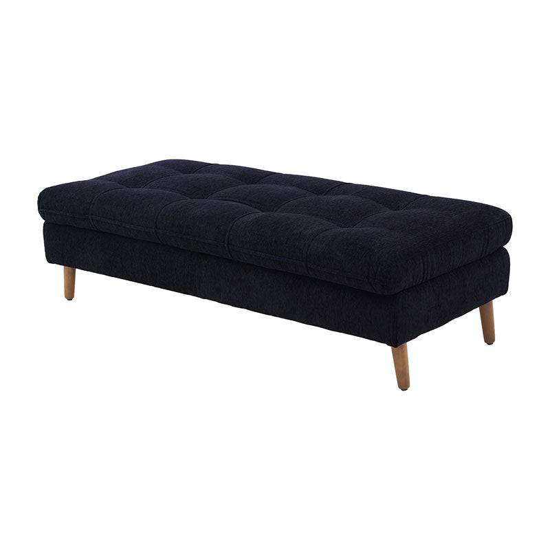 Taburete Eugenia deupeore.com.mx con asiento de tela afelpada negra y estructura de madera de pino, frente y vista lateral.