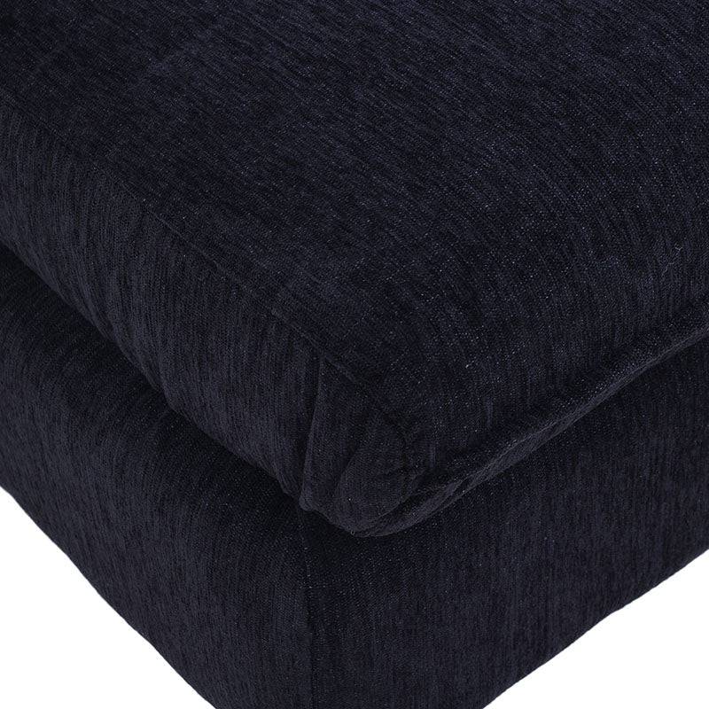 Taburete Eugenia deurope.com.mx en tela afelpada negra, madera de pino, vistas frontales, con dimensiones de 160 cm de alto.