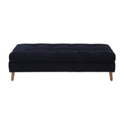 Taburete Eugenia de Deurope.com.mx en tela afelpada negra, con estructura de madera de pino, frente y vista lateral.