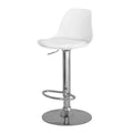 Banco para barra Orion de deurope.com.mx con base de cromo, asiento de madera termoformada y tapizado Leather Touch, blanco.