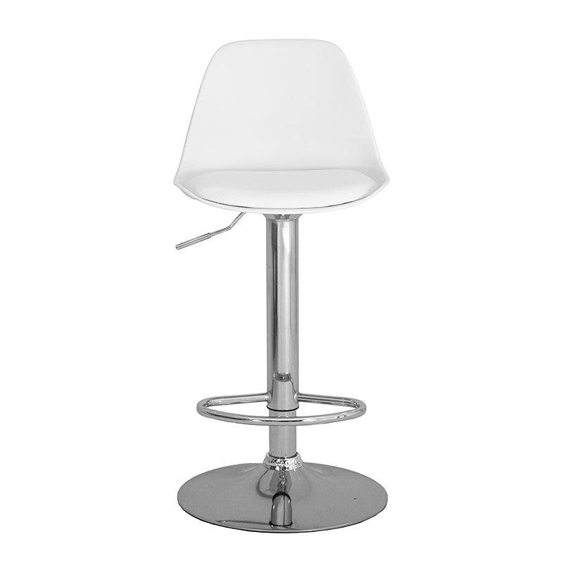 Banco para barra Orion de Deurope.com.mx, con asiento de madera termoformada, tapizado en Leather Touch y base de cromo blanco.