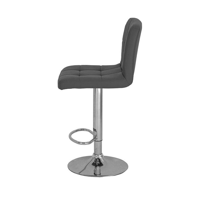 Banco Adex de Europer, con base de cromo, asiento de madera termoformada, tapizado en Leather Touch, en color gris.