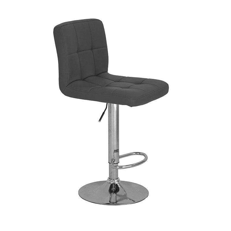 Banco Adex deurope.com.mx con base de cromo, asiento de madera termoformada y tapizado en Leather Touch, color gris.