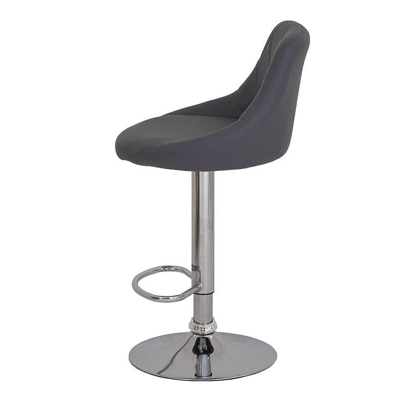 Banco Cenit para barra con asiento tapizado en leather touch gris y base de metal cromado.