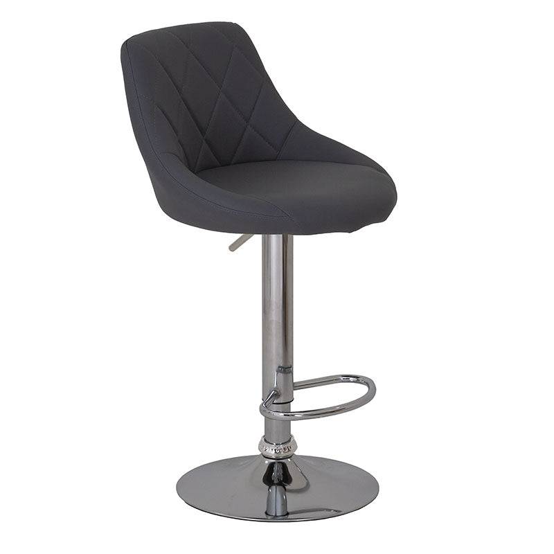 Banco Cenit para barra con asiento tapizado en leather touch gris y base de metal cromado.