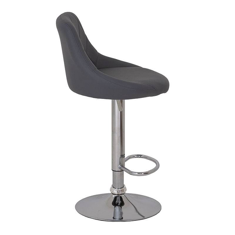 Banco Cenit para barra con asiento tapizado en leather touch gris y base de metal cromado.