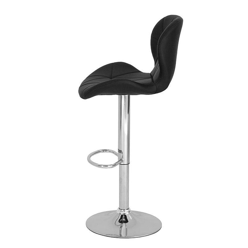 Banco Nexo de bancos de deurope.com.mx con base de cromo, asiento de madera termoformada y tapizado Leather Touch en negro.
