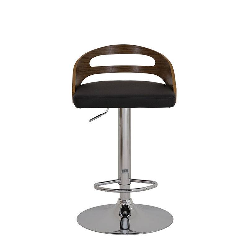 Banco para barra Quasar de Deurope.com.mx con asiento de madera termoformada, tapizado en Leather Touch, base de cromo, color negro.