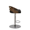 Banco para barra Quasar de Deurope con base de cromo, asiento de madera termoformada y tapizado Leather Touch en negro.